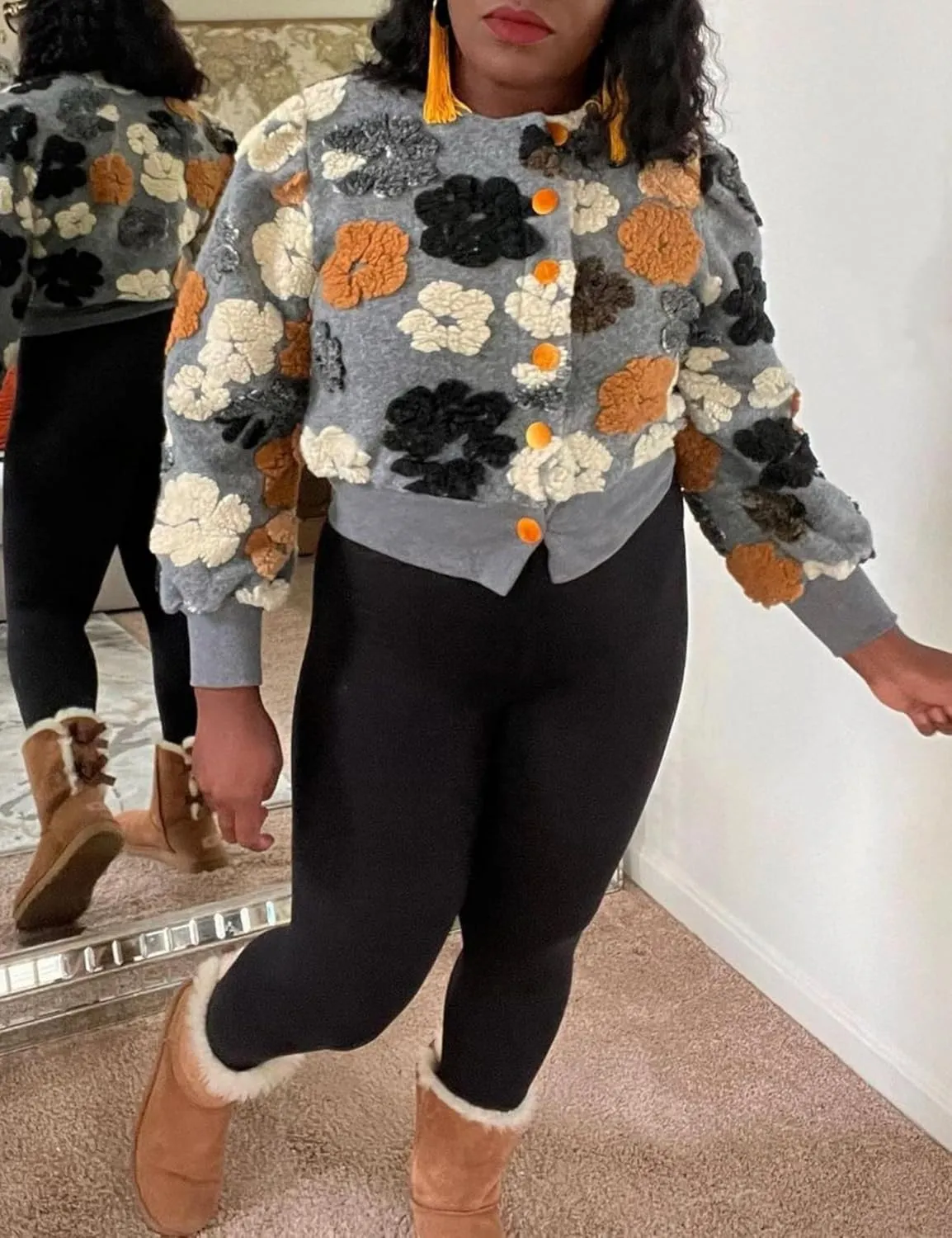 Womens Cropped Floral Print Jacket Warm Fleece Bomber Jacket Casual Button Down Coats Fall Puff Outerwears