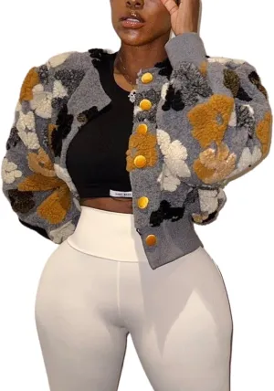 Womens Cropped Floral Print Jacket Warm Fleece Bomber Jacket Casual Button Down Coats Fall Puff Outerwears
