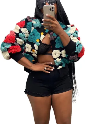 Womens Cropped Floral Print Jacket Warm Fleece Bomber Jacket Casual Button Down Coats Fall Puff Outerwears