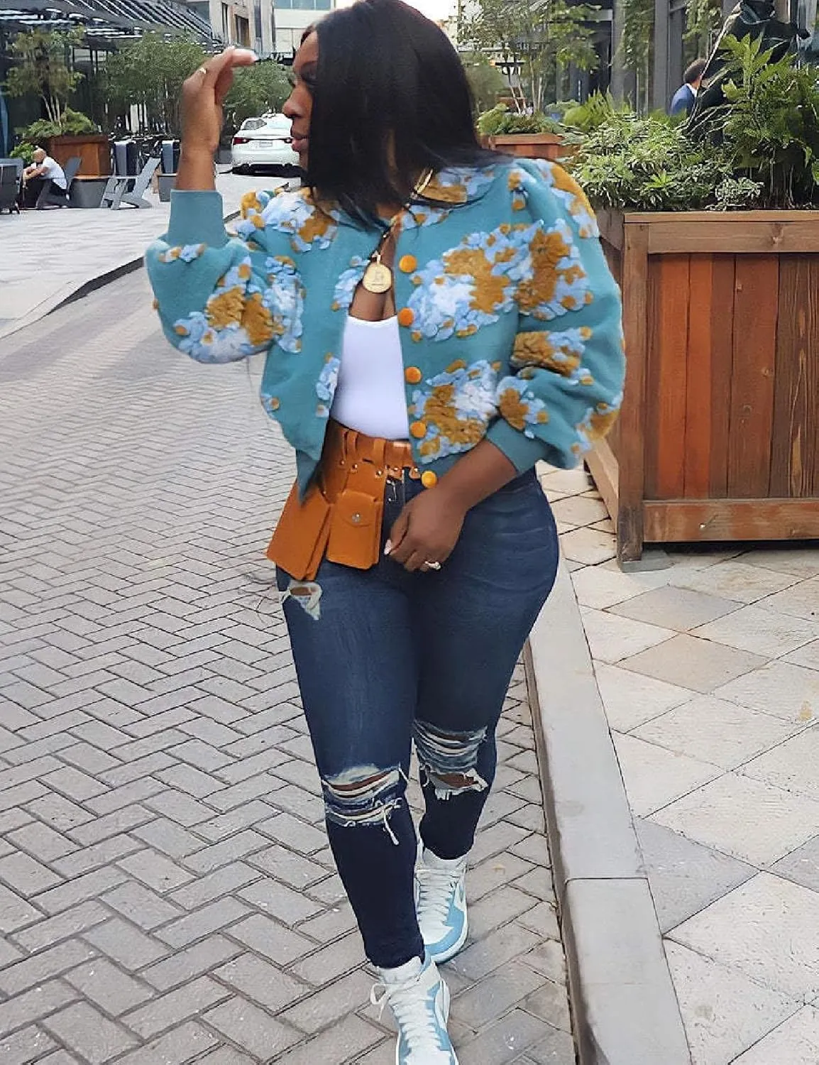 Womens Cropped Floral Print Jacket Warm Fleece Bomber Jacket Casual Button Down Coats Fall Puff Outerwears