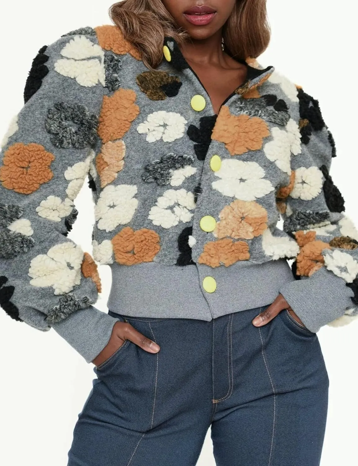 Womens Cropped Floral Print Jacket Warm Fleece Bomber Jacket Casual Button Down Coats Fall Puff Outerwears