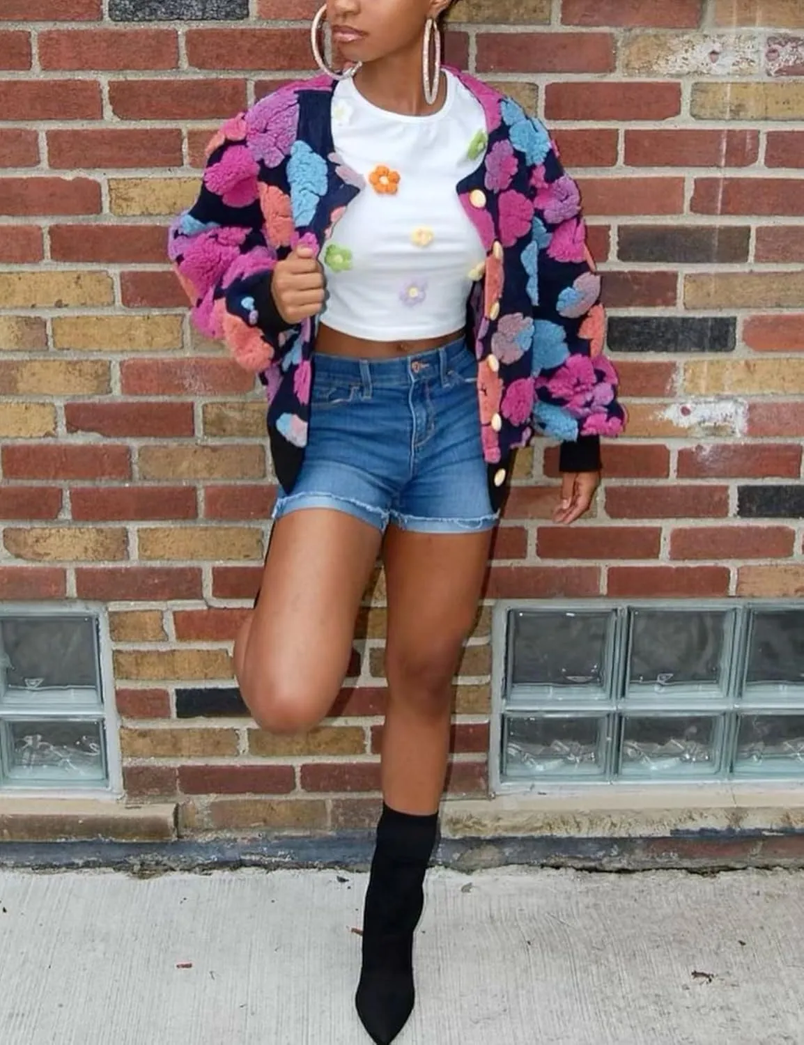 Womens Cropped Floral Print Jacket Warm Fleece Bomber Jacket Casual Button Down Coats Fall Puff Outerwears