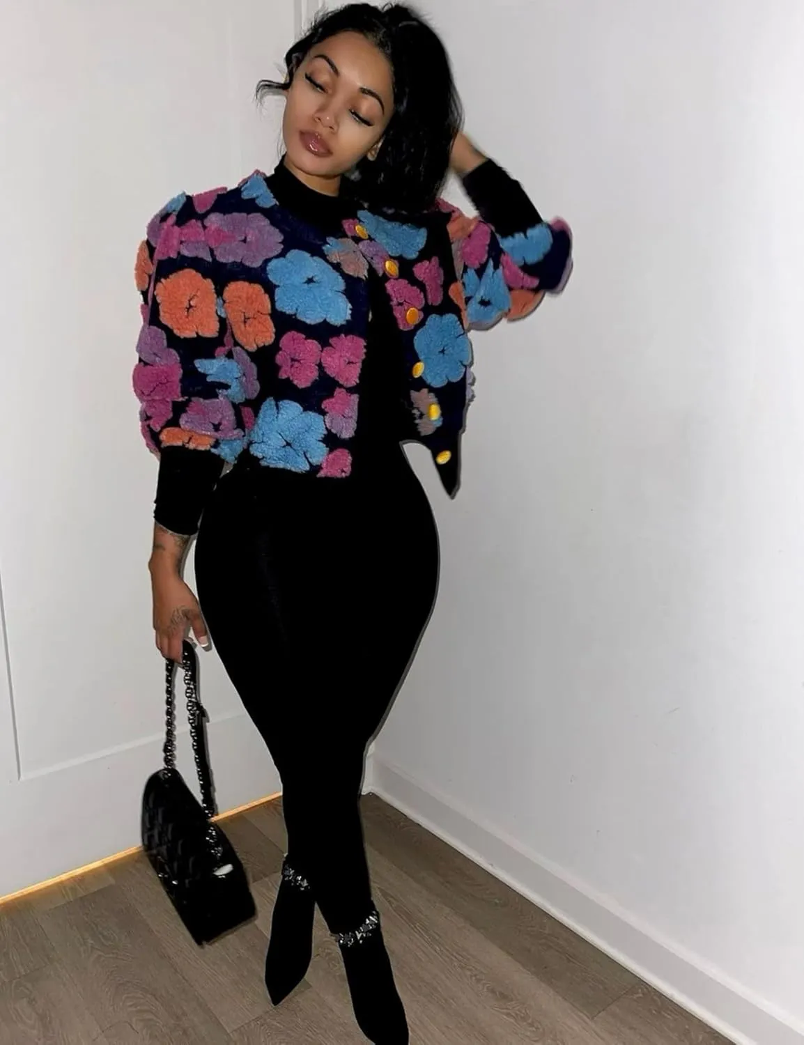 Womens Cropped Floral Print Jacket Warm Fleece Bomber Jacket Casual Button Down Coats Fall Puff Outerwears
