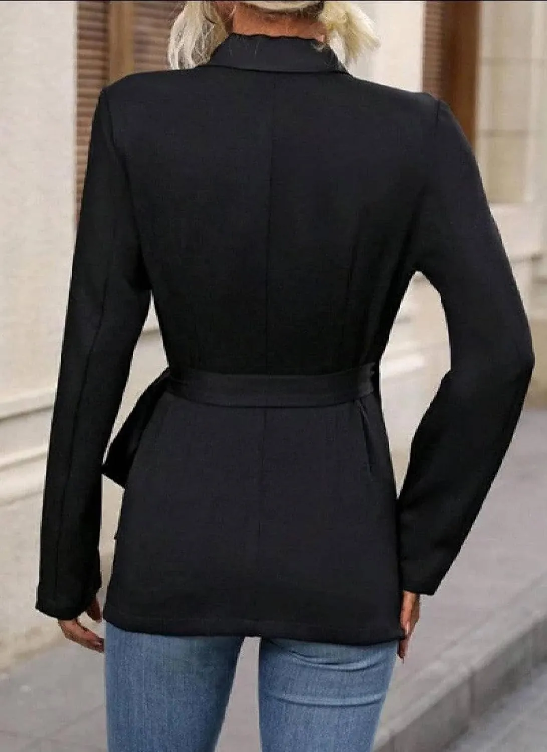 Women's Dressy Black Plain Belted Blazer Lapel Long Sleeve Coats Work Office Wrap Jackets Going Out Trendy Outfits