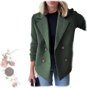 Women's Lapel Button Knitted Patchwork Sleeve Casual Coat Cropped,Women's Patchwork Double Breasted Blazer Sweater