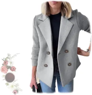 Women's Lapel Button Knitted Patchwork Sleeve Casual Coat Cropped,Women's Patchwork Double Breasted Blazer Sweater