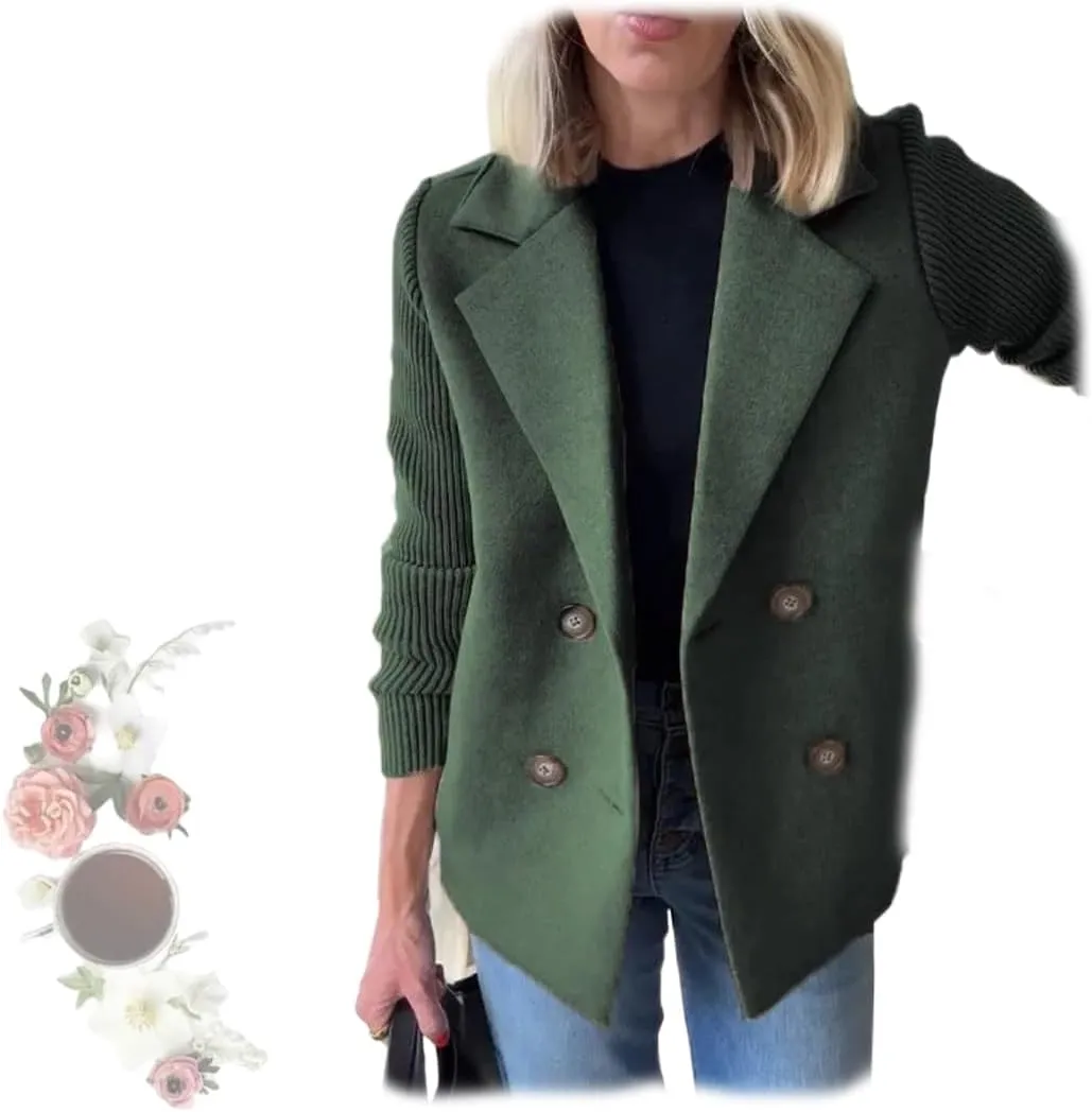 Women's Lapel Button Knitted Patchwork Sleeve Casual Coat Cropped,Women's Patchwork Double Breasted Blazer Sweater