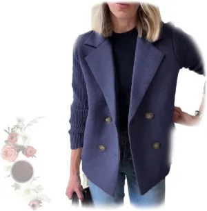 Women's Lapel Button Knitted Patchwork Sleeve Casual Coat Cropped,Women's Patchwork Double Breasted Blazer Sweater