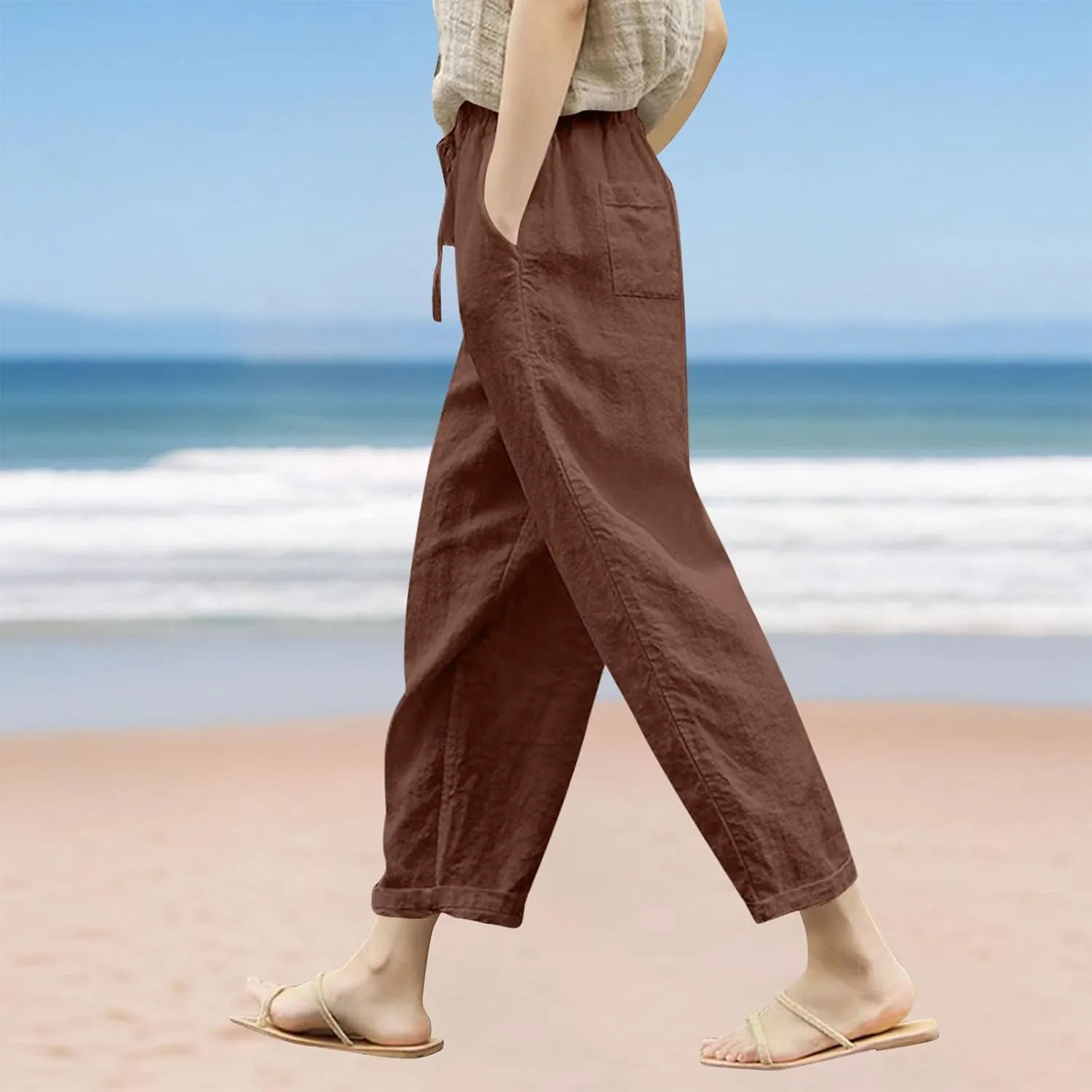 Womens Linen Pants 2025 Summer Drawstring High Waist Straight Leg Lounge Pant Loose Lightweight Beach Trousers