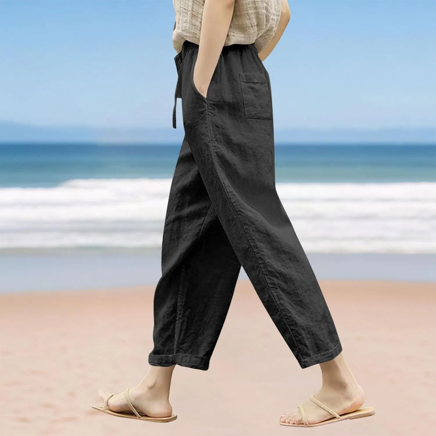Womens Linen Pants 2025 Summer Drawstring High Waist Straight Leg Lounge Pant Loose Lightweight Beach Trousers