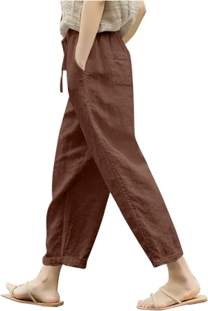 Womens Linen Pants 2025 Summer Drawstring High Waist Straight Leg Lounge Pant Loose Lightweight Beach Trousers