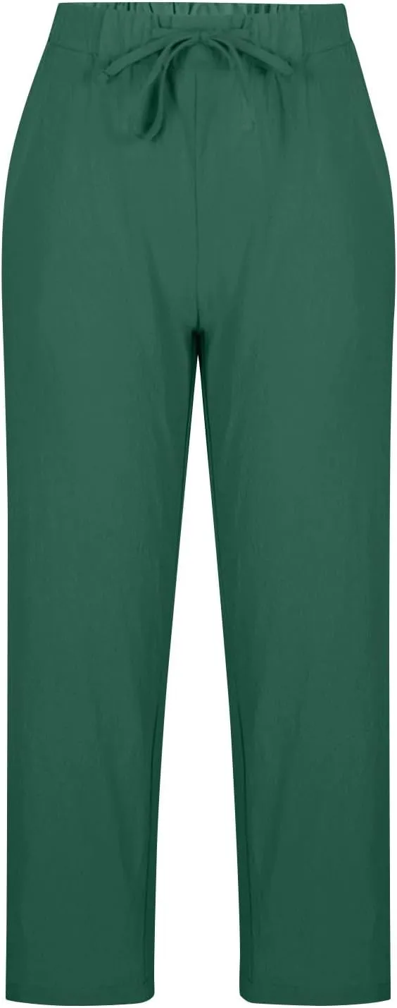 Womens Linen Pants 2025 Summer Drawstring High Waist Straight Leg Lounge Pant Loose Lightweight Beach Trousers