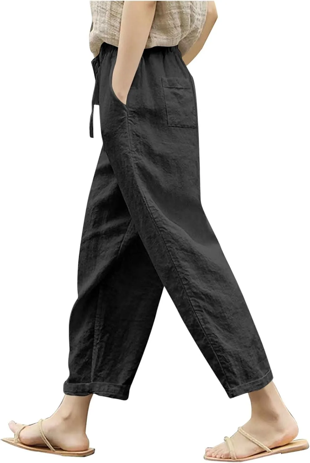 Womens Linen Pants 2025 Summer Drawstring High Waist Straight Leg Lounge Pant Loose Lightweight Beach Trousers