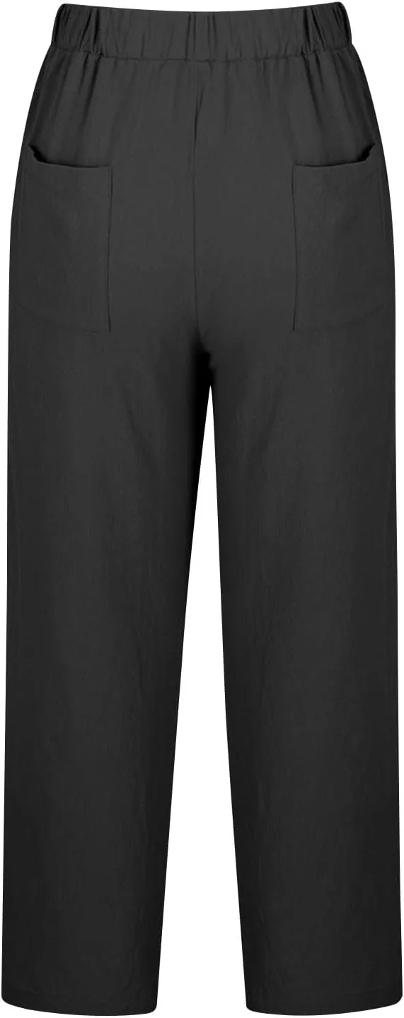 Womens Linen Pants 2025 Summer Drawstring High Waist Straight Leg Lounge Pant Loose Lightweight Beach Trousers