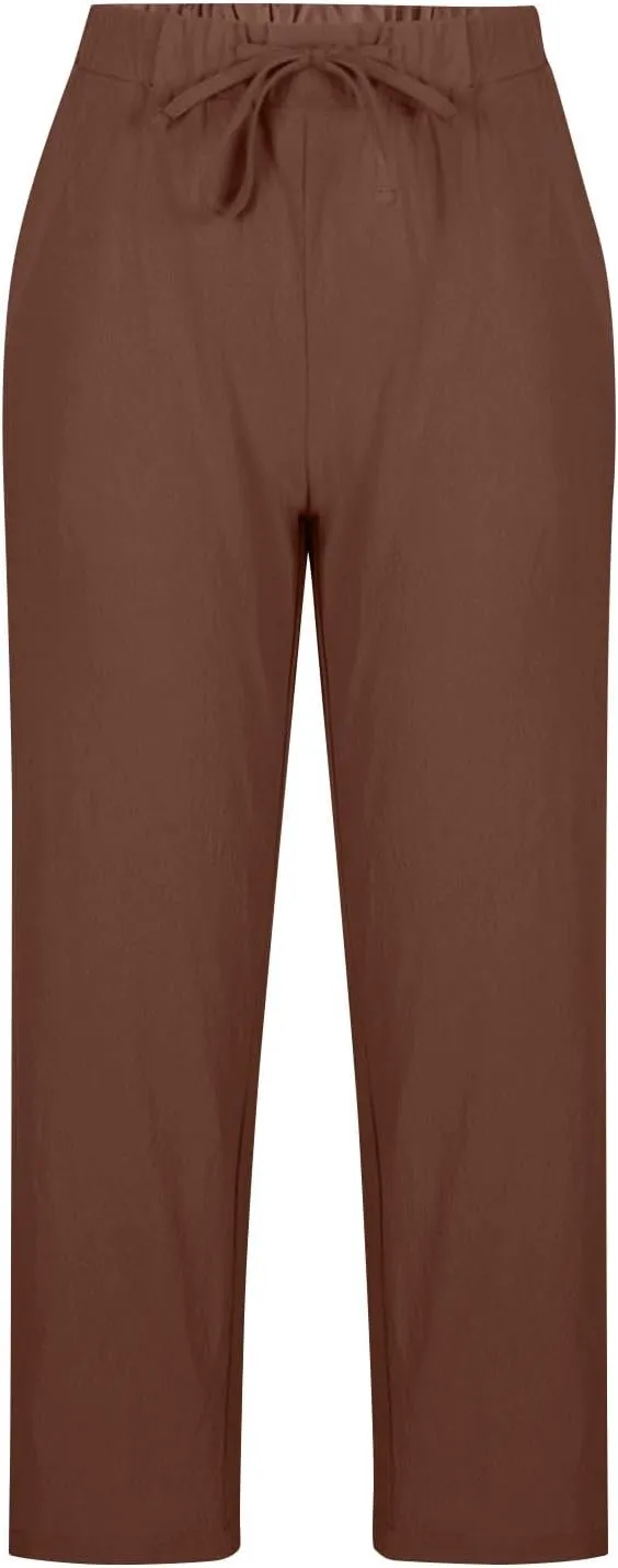 Womens Linen Pants 2025 Summer Drawstring High Waist Straight Leg Lounge Pant Loose Lightweight Beach Trousers