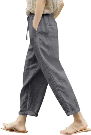 Womens Linen Pants 2025 Summer Drawstring High Waist Straight Leg Lounge Pant Loose Lightweight Beach Trousers