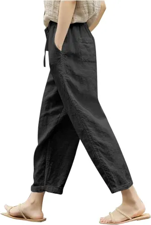 Womens Linen Pants 2025 Summer Drawstring High Waist Straight Leg Lounge Pant Loose Lightweight Beach Trousers