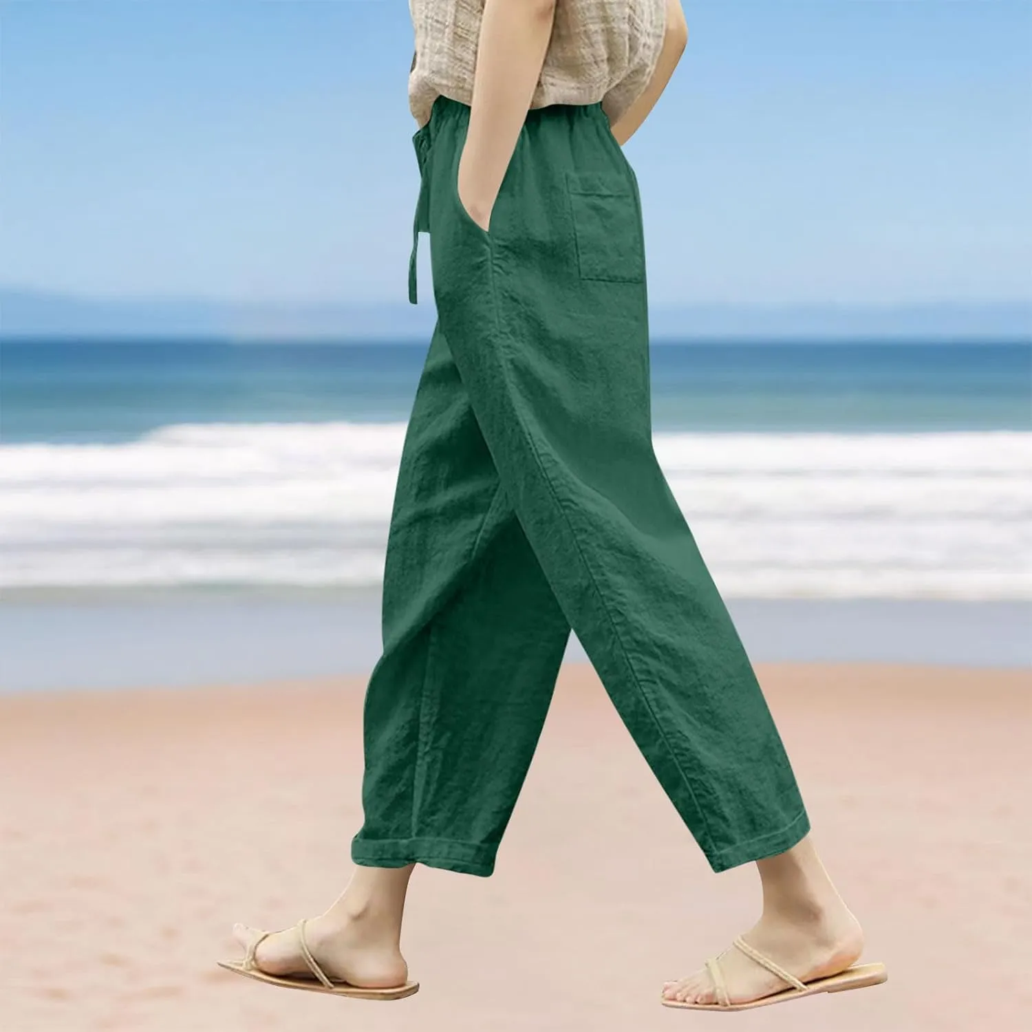 Womens Linen Pants 2025 Summer Drawstring High Waist Straight Leg Lounge Pant Loose Lightweight Beach Trousers