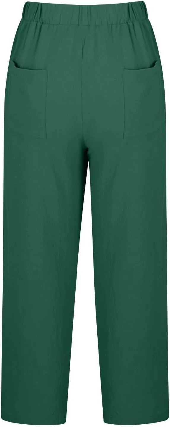 Womens Linen Pants 2025 Summer Drawstring High Waist Straight Leg Lounge Pant Loose Lightweight Beach Trousers