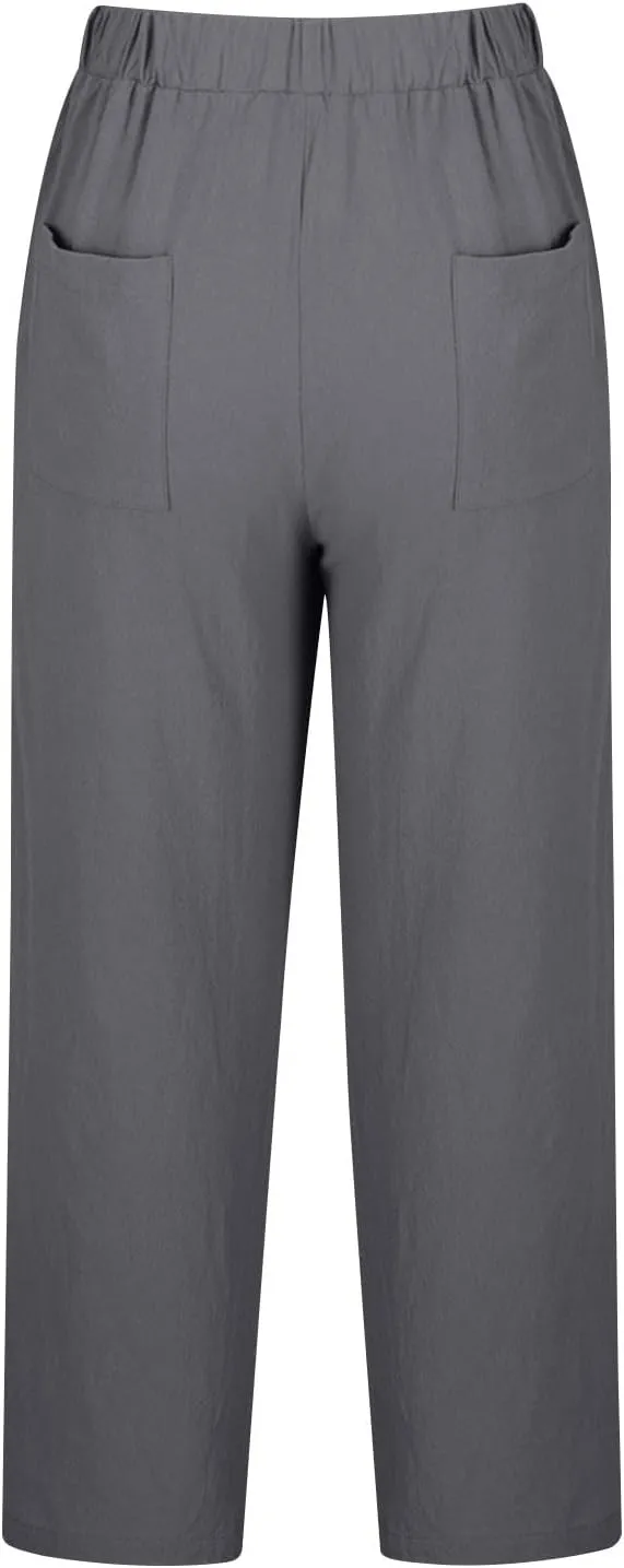 Womens Linen Pants 2025 Summer Drawstring High Waist Straight Leg Lounge Pant Loose Lightweight Beach Trousers