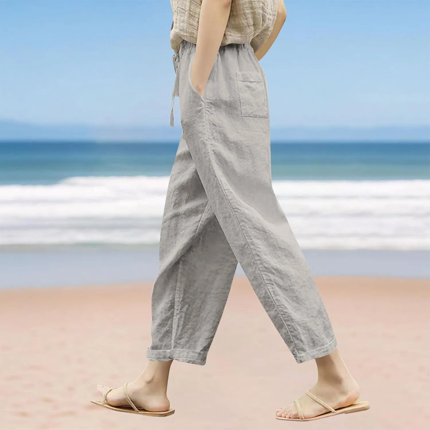 Womens Linen Pants 2025 Summer Drawstring High Waist Straight Leg Lounge Pant Loose Lightweight Beach Trousers
