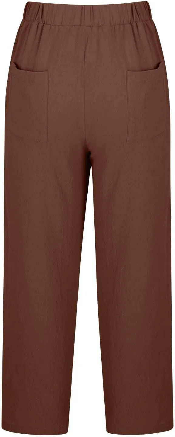 Womens Linen Pants 2025 Summer Drawstring High Waist Straight Leg Lounge Pant Loose Lightweight Beach Trousers