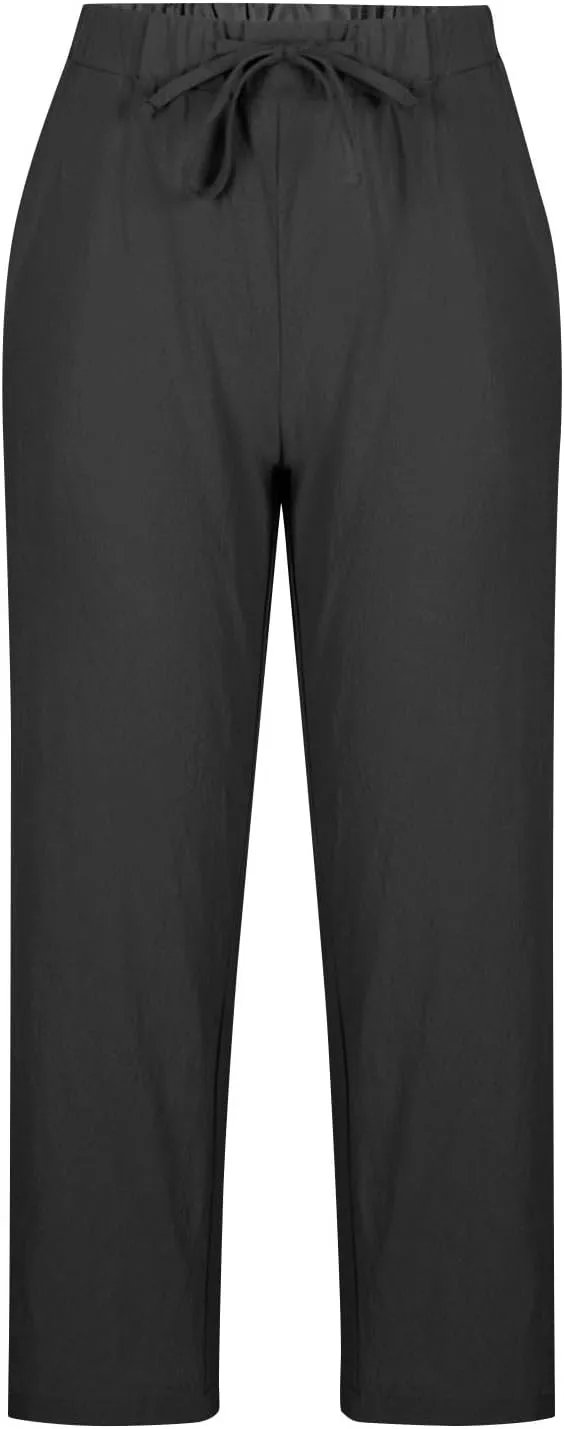 Womens Linen Pants 2025 Summer Drawstring High Waist Straight Leg Lounge Pant Loose Lightweight Beach Trousers
