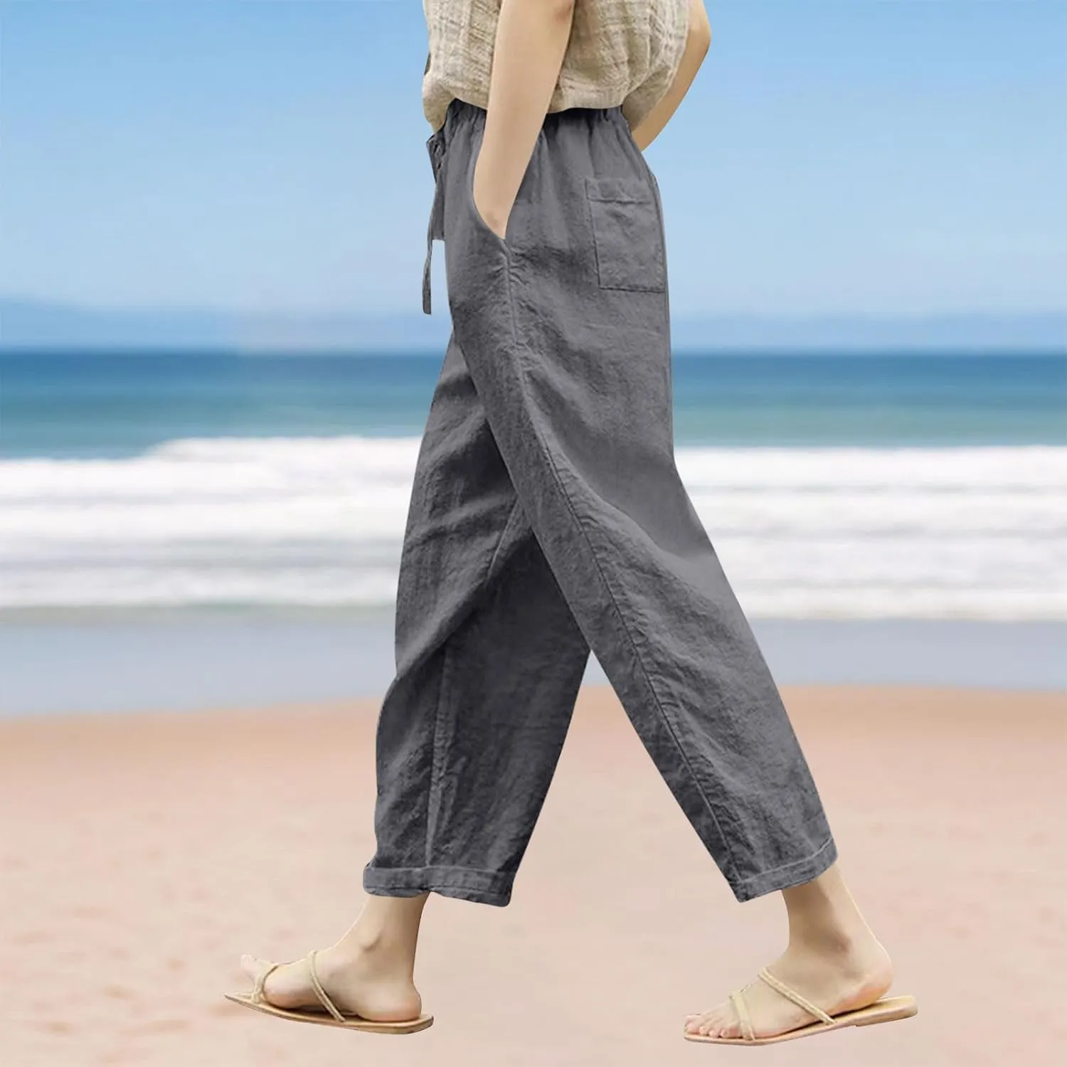 Womens Linen Pants 2025 Summer Drawstring High Waist Straight Leg Lounge Pant Loose Lightweight Beach Trousers