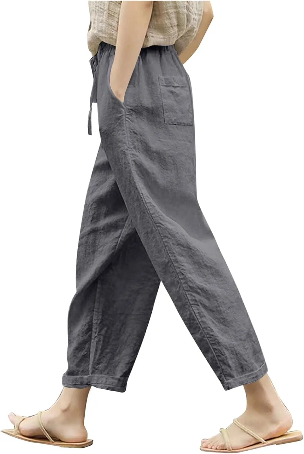Womens Linen Pants 2025 Summer Drawstring High Waist Straight Leg Lounge Pant Loose Lightweight Beach Trousers