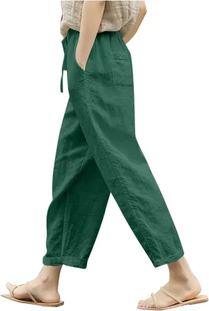 Womens Linen Pants 2025 Summer Drawstring High Waist Straight Leg Lounge Pant Loose Lightweight Beach Trousers