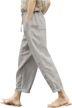 Womens Linen Pants 2025 Summer Drawstring High Waist Straight Leg Lounge Pant Loose Lightweight Beach Trousers