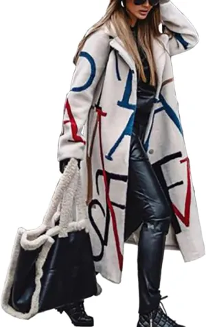 Womens Long Lapel Trench Coat Single Breasted Printed Notched Outerwear Overcoat