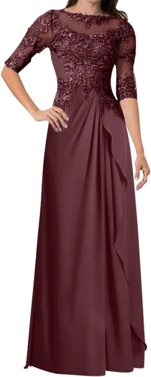 Women's Long Sleeves Mother of The Bride Dresses for Wedding Lace Appliques Chiffon Formal Evening Gowns