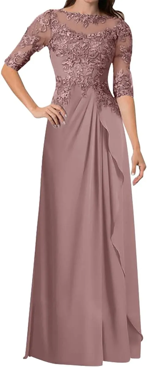 Women's Long Sleeves Mother of The Bride Dresses for Wedding Lace Appliques Chiffon Formal Evening Gowns