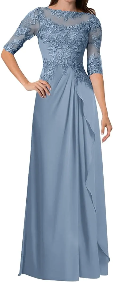 Women's Long Sleeves Mother of The Bride Dresses for Wedding Lace Appliques Chiffon Formal Evening Gowns