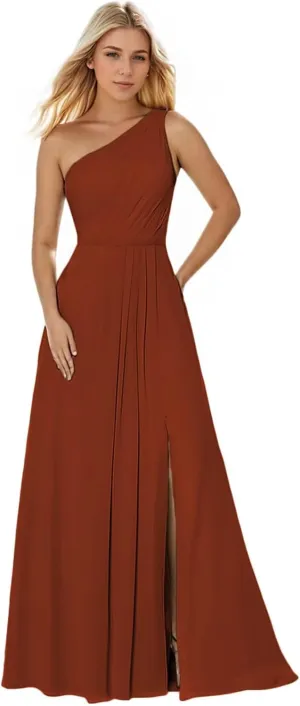 Women's One Shoulder Bridesmaid Dresses with Slit Long Chiffon Pleated Formal Dress Evening Gown