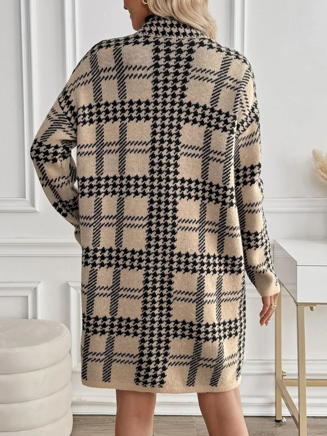 Womens Oversized Thick Houndstooth Pocket Long Cardigan Fall 2024 Ladies Dressy Casual Open Front Sweater Coats