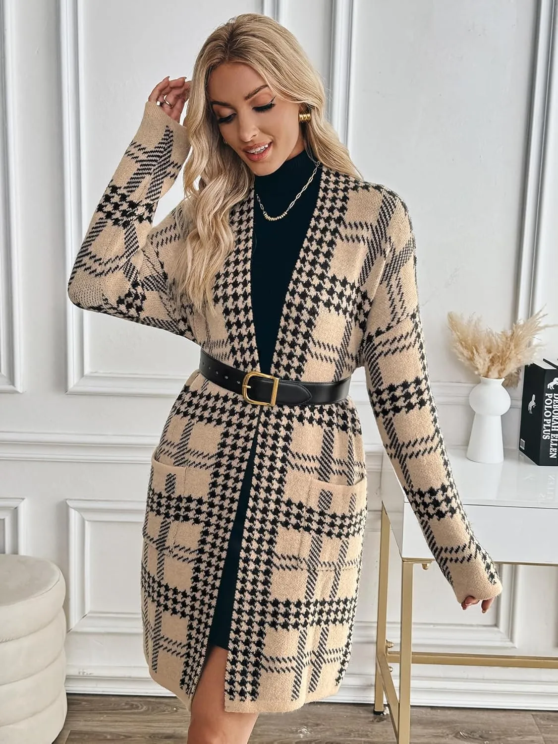 Womens Oversized Thick Houndstooth Pocket Long Cardigan Fall 2024 Ladies Dressy Casual Open Front Sweater Coats
