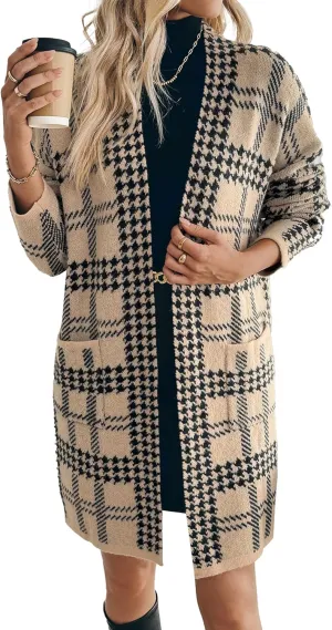 Womens Oversized Thick Houndstooth Pocket Long Cardigan Fall 2024 Ladies Dressy Casual Open Front Sweater Coats