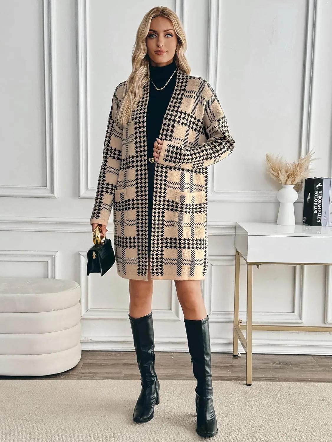 Womens Oversized Thick Houndstooth Pocket Long Cardigan Fall 2024 Ladies Dressy Casual Open Front Sweater Coats