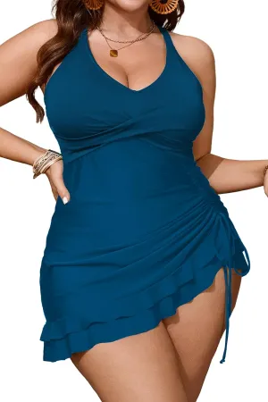 Women's Plus Size Two Piece Tankini Swimsuit Bathing Suits Tummy Control Criss Cross Ruched Ruffle Swim Dress