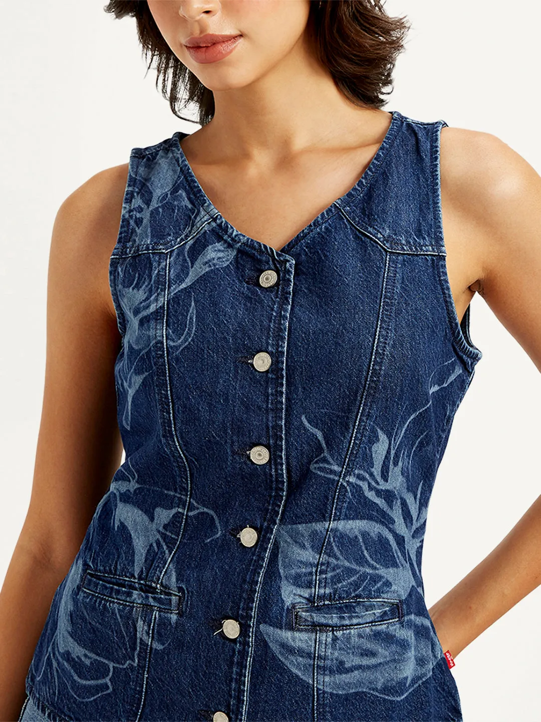 Women's Printed Blue V Neck Waistcoat