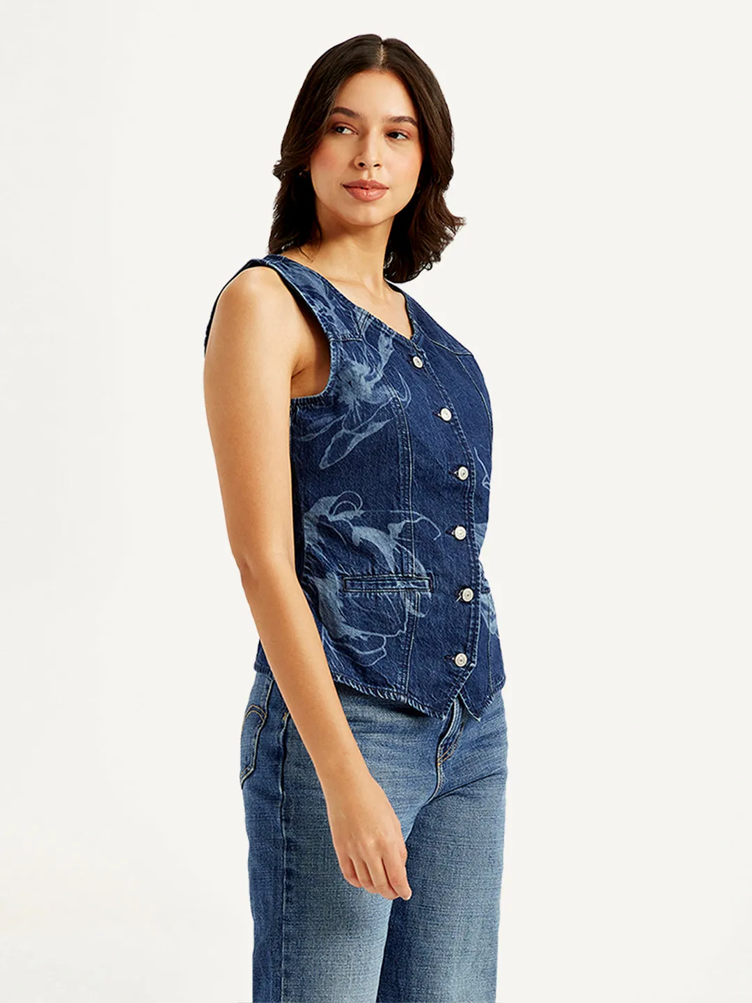Women's Printed Blue V Neck Waistcoat