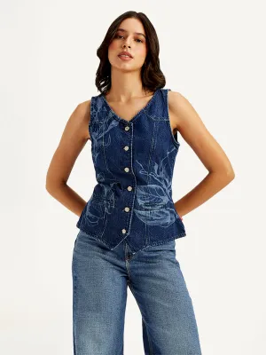 Women's Printed Blue V Neck Waistcoat