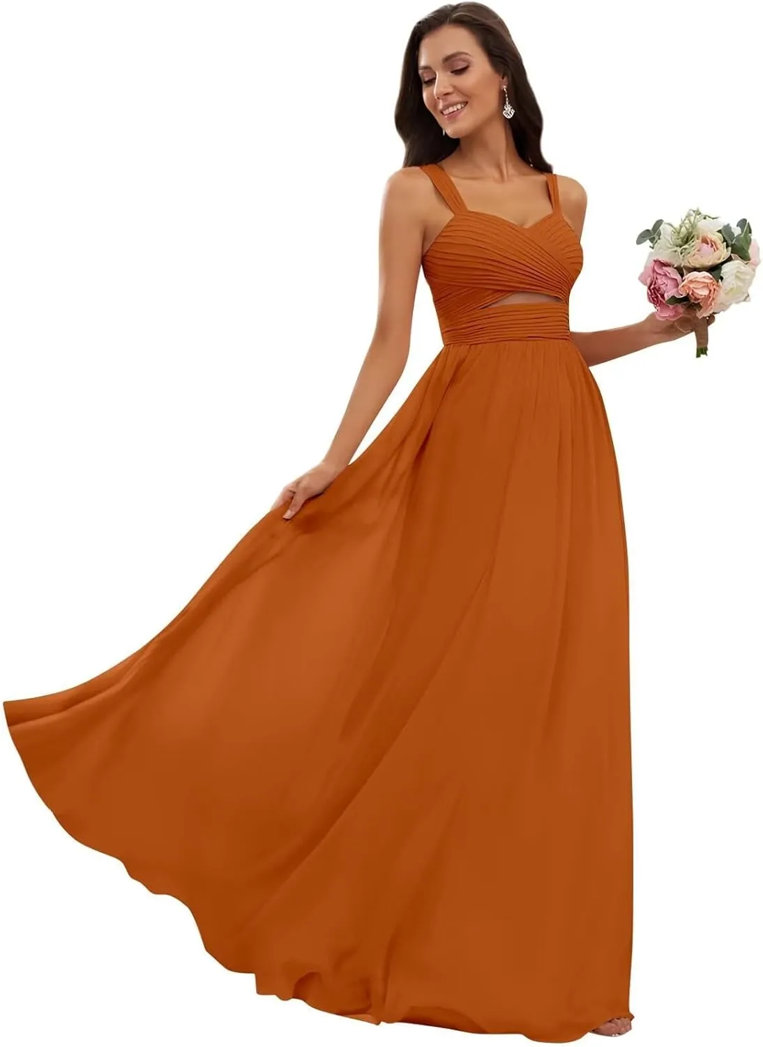 Womens Ruched Straps Bridesmaid Dresses Long Chiffon A Line Cutout Formal Wedding Guest Dresses