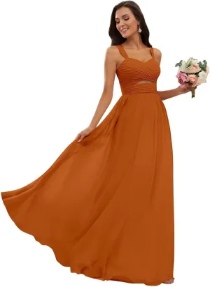 Womens Ruched Straps Bridesmaid Dresses Long Chiffon A Line Cutout Formal Wedding Guest Dresses
