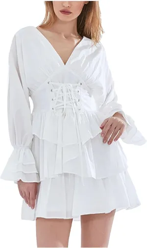 Women's Ruffle Floral Print Dress V Neck Long Sleeve High Waist Mini Dresses