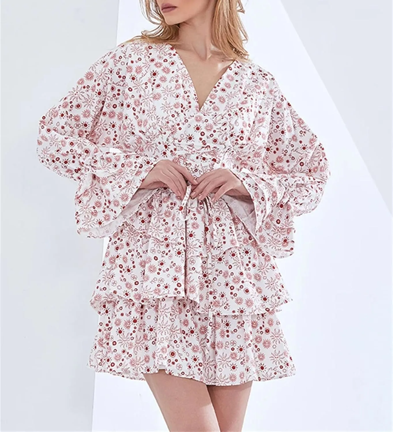 Women's Ruffle Floral Print Dress V Neck Long Sleeve High Waist Mini Dresses
