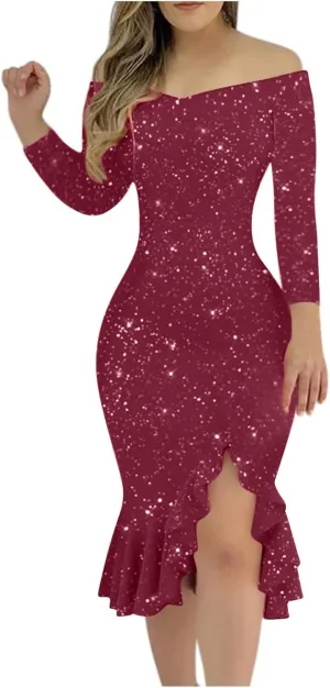Women's Sequin Dresses Bodycon Midi Dress Off Shoulder Split Thigh Plus Size Long Sleeve Cocktail Party Prom Ball Gowns