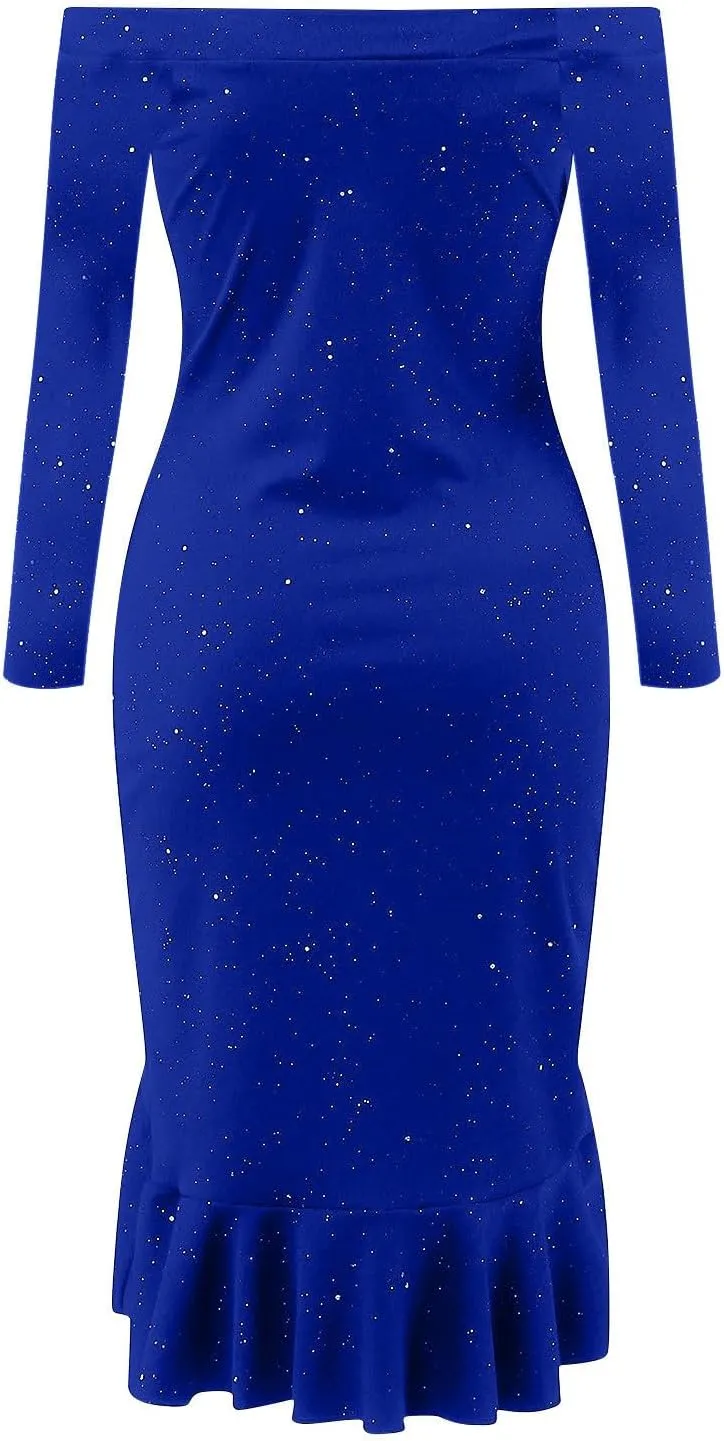 Women's Sequin Dresses Bodycon Midi Dress Off Shoulder Split Thigh Plus Size Long Sleeve Cocktail Party Prom Ball Gowns
